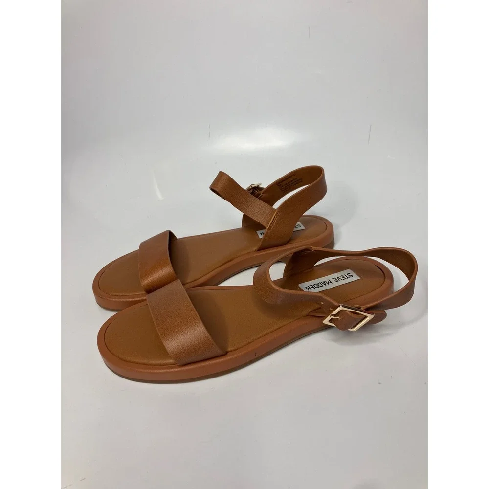 Steve Madden Ripken Sandals Womens 7M Brown Excellent Leather Ankle Strap Flat